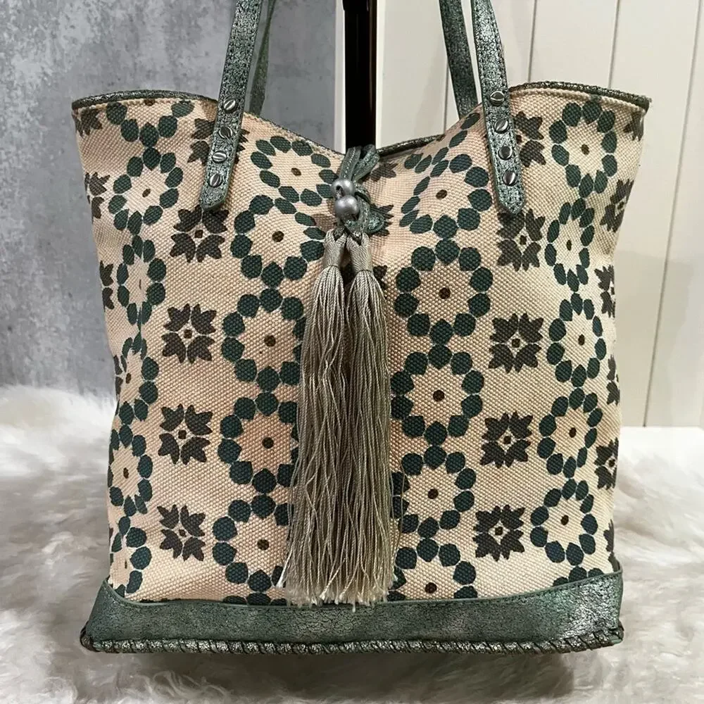 NEW Moroccan Boho Canvas Vegan Leather Whipstitched Sage Tan Tote Shoulder Bag